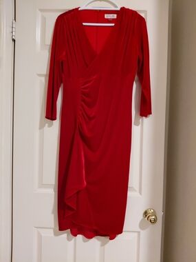 Laura Ashley Red Ruched V-Neck Midi Dress with Three-Quarter Sleeves